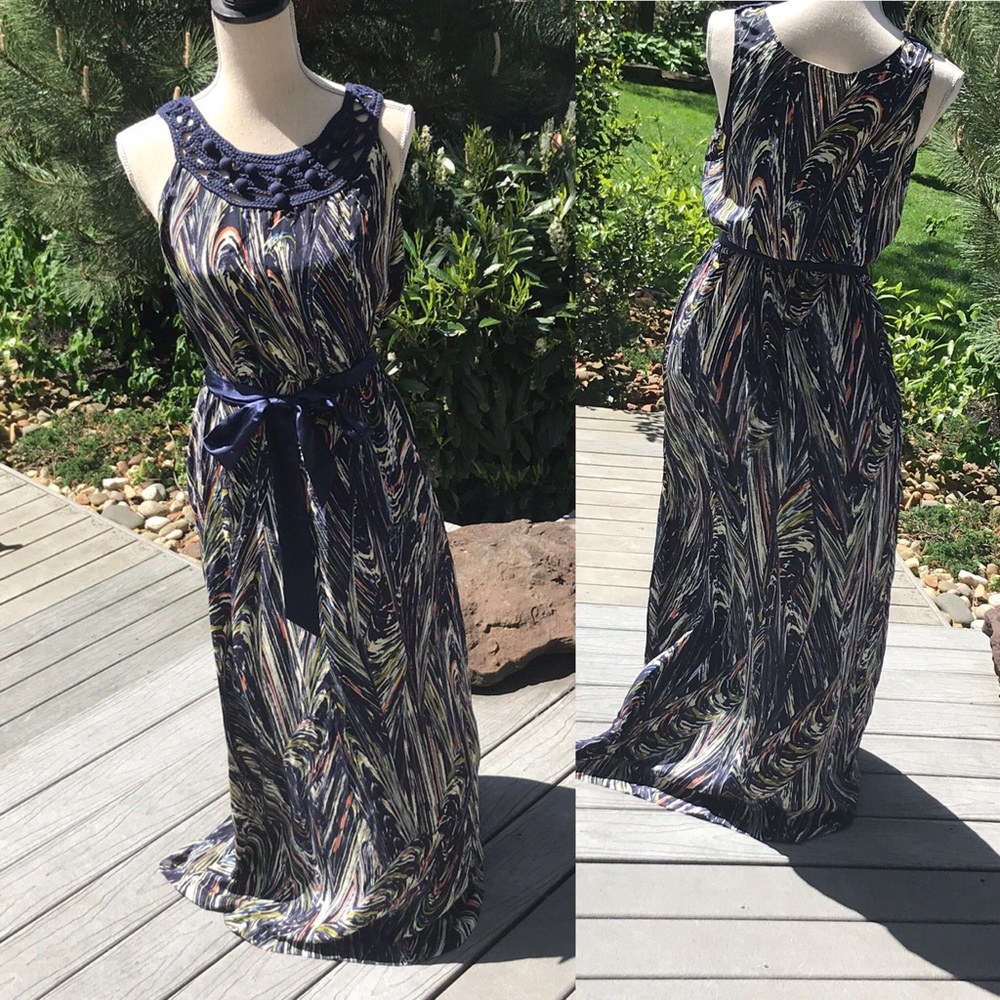 Navy print Anthropologie maxi dress